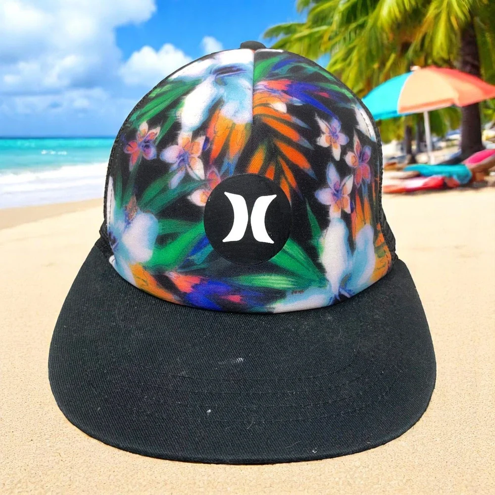 Hurley Tropical Floral Print Black Mesh Snapback Trucker Hat Cap Skater Beach